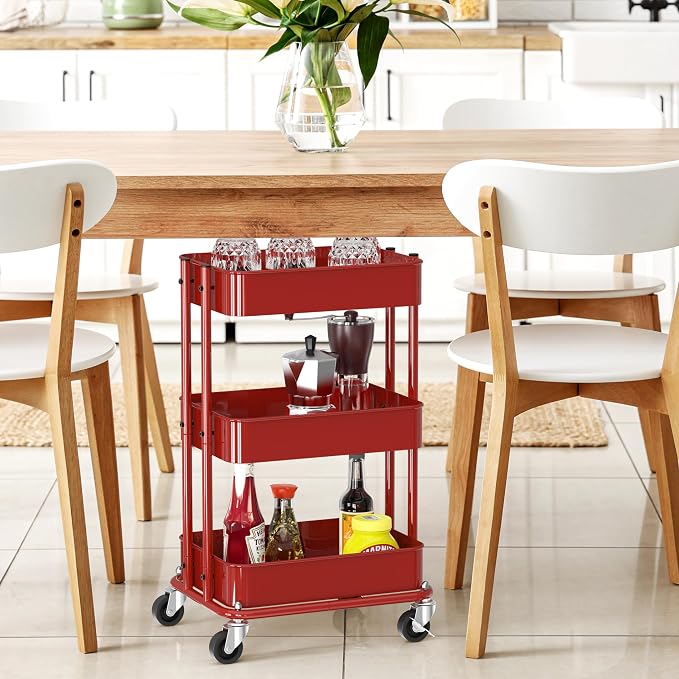 Simple Houseware 3-Tier Compact Utility Rolling Cart, Low 24” Height Fits Under Desk, Space-Saving Storage for Home Office, Dining Room, or Kitchen, Red