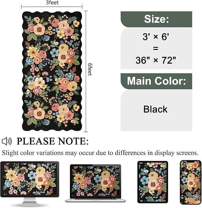 DUKINO 3x6 Washable Runner Rug, Soft Indoor Floral Non Slip Runner Rug for Hallways, Lightweight & Low Pile Floor Carpet for Kitchen, Entryway, Hallway, Bathroom, Laundry, Bedroom, Black