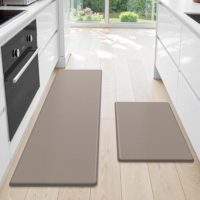 StepLively Kitchen Mat, 2 PCS Kitchen Rugs, Cushioned Kitchen Mats for Floor, Anti Fatigue Kitchen Rug Set, Non-Skid Standing Mat for Kitchen, Office, Sink, 17.3"×30"+17.3"×47", Khaki