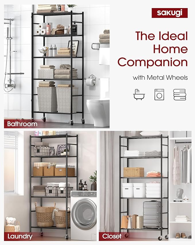 Sakugi Storage Shelves Organizer - 5 Tier Metal Shelf Organizer with Metal Wheels and Adjustable Leveling Feet, Heavy Duty Garage Shelving for Kitchen, Pantry and Closet, 33.1"x12.6"x73.5", Black