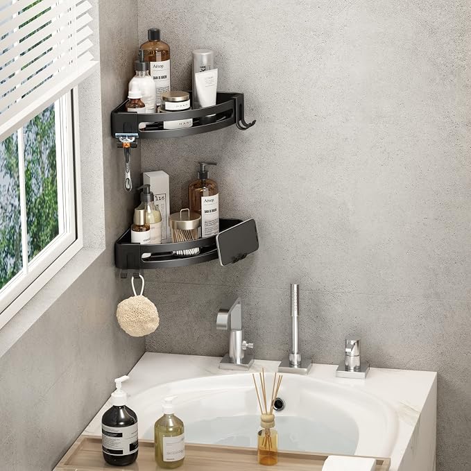 VOLPONE Corner Shower Caddy with Razor Holder Adhesive Shower Shelf Corner No Drilling Bathroom Corner Shower Organizer Storage Rack (2-Pack, Black)