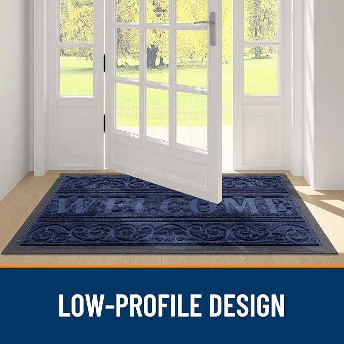 OLANLY Welcome Door Mat Indoor Outdoor Entrance, Heavy Duty Sturdy Front Door Mat, Waterproof All-Weather Doormat, Stain Resistant, Low Profile, Easy Clean Patio Entryway Mat, 29.5 x 17, Navy Blue