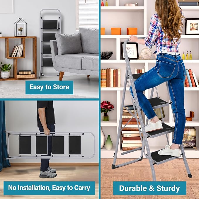 ZENY 4 Step Ladder Folding Step Stool with Wide Anti-Slip Pedal, Convenient Handgrip, Portable Steel Step Stool, 330 lbs Sturdy Steel Ladder for Household and Office, Gray