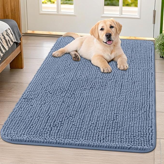 Smiry Dog Door Mat for Muddy Paws 40x32, Absorbent Dirt Trapper, Non-Slip Washable Chenille Entryway Rug for Inside Floor, Airy Blue, Classic Solid