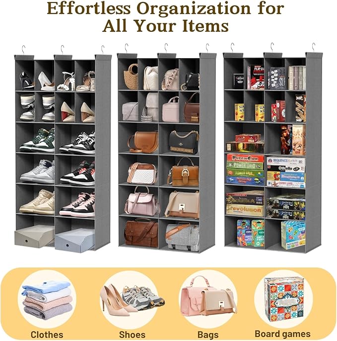 Ofiray-home 6 Tier Hanging Closet Organizer, 16 Compartments Sweater Organizer for Closet with 3 Sturdy Hooks, Closet Organizers and Storage, Wardrobe, Rv, Garment Rack, Grey