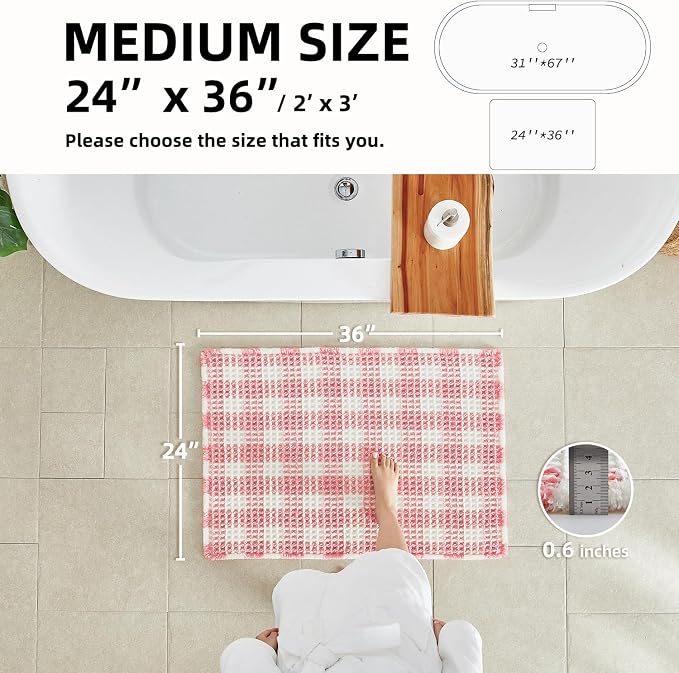 TYUU Waffle Bath Mat, Boho Bathroom Rugs Non Slip Washable Absorbent Checkered Bathroom Mat Quick Dry Cute Bath Mat, 36"x24" Pink and White