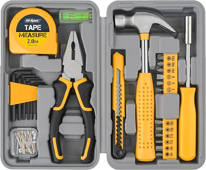 Hi-Spec Small Tool Box for Home and Office DIY, 25-Piece Yellow Mini Tool Kit Set for Basic Household Repairs in a Portable Toolbox Case.