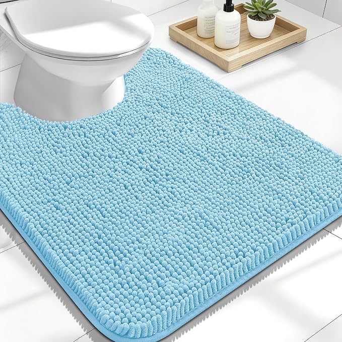 OLANLY Toilet Rugs U-Shaped 24x20, Extra Soft Absorbent Chenille Contour Bathroom Rugs for Toilet, Dry Quickly, Machine Washable, Non-Slip Bath Mat, Sky Blue