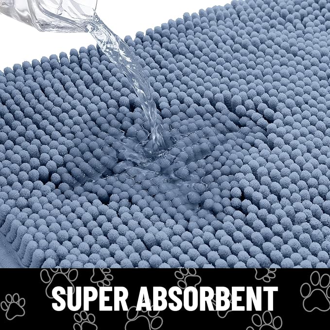 Smiry Dog Door Mat for Muddy Paws, Absorbent Dirt Trapper Non Slip Quick Dry Washable Chenille Mat for Mud Dogs, Entry Rug for Indoor and Outdoor (70x24 Inches, Airy Blue and Black)
