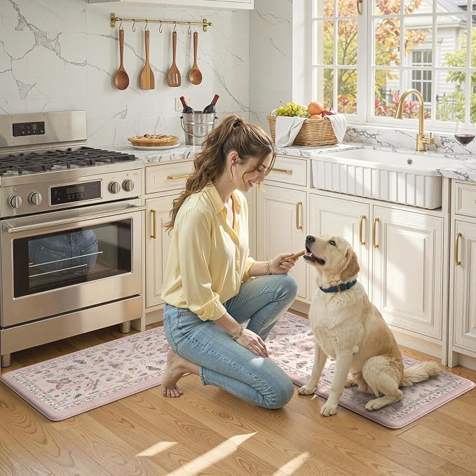 LEEVAN Anti Fatigue Mats for Kitchen Floor Non-Slip, Cushioned Kitchen Mats for Floor 2 Piece, Pink Memory Foam Kitchen Mat Set, Waterproof Ergonomic Standing Mat for Bar, Office,Desk, Laundry