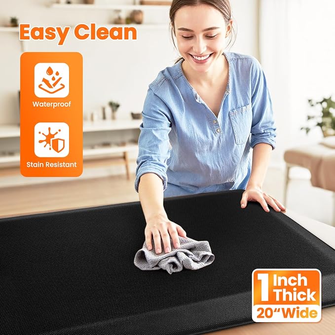 Kitchen Mats for Floor, 1 Inch Extra-Thick Kitchen Rugs, Non-Slip & Waterproof Standing Desk Mat, Comfort Anti Fatigue Mats for Kitchen Floor, Home, Sink, Office (20" X 72", Black)