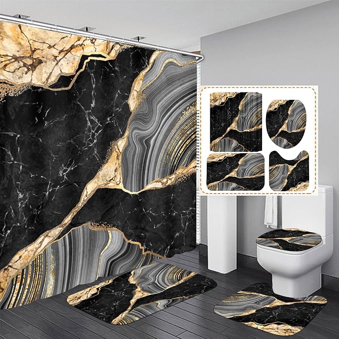 Nkzply 4 Pcs Black Marble Shower Curtain Gold Bathroom Sets with Shower Curtain and Rugs Modern Abstract Grey Shower Curtain Set Bathroom Rug Set Bathroom Decor Accessories with Hooks Toilet Lid Cover