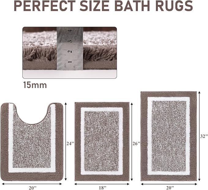 Pauwer Bathroom Rug Set - 3 Piece Shower Mats with U-Shaped Contour Toilet Mat, Absorbent Microfiber Plush Bath Mats, Non Slip, Machine Washable Shaggy Floor Mats