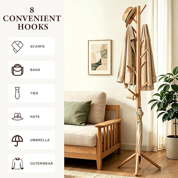 Wooden Coat Rack Freestanding with 8 Hooks & 3 Adjustable Sizes for Clothes, Space-Saving Design for Bedroom Office Entrance Holds Hats Coats Scarves Bags