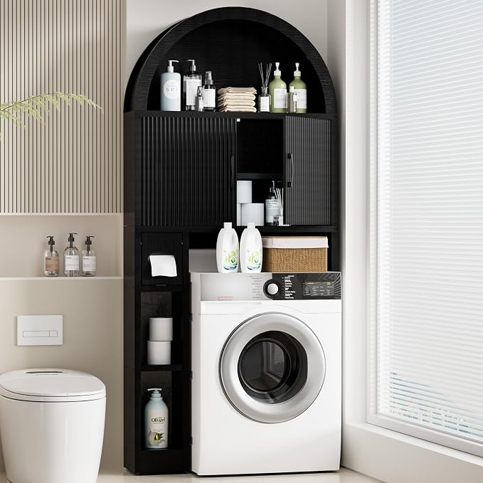 Spurgehom Over The Toilet Storage Cabinet, Bathroom Shelf Organizer Freestanding, Bathroom Arch Cabinet Over Toilet with Toilet Paper Holder and Anti-Tipping Device, Black