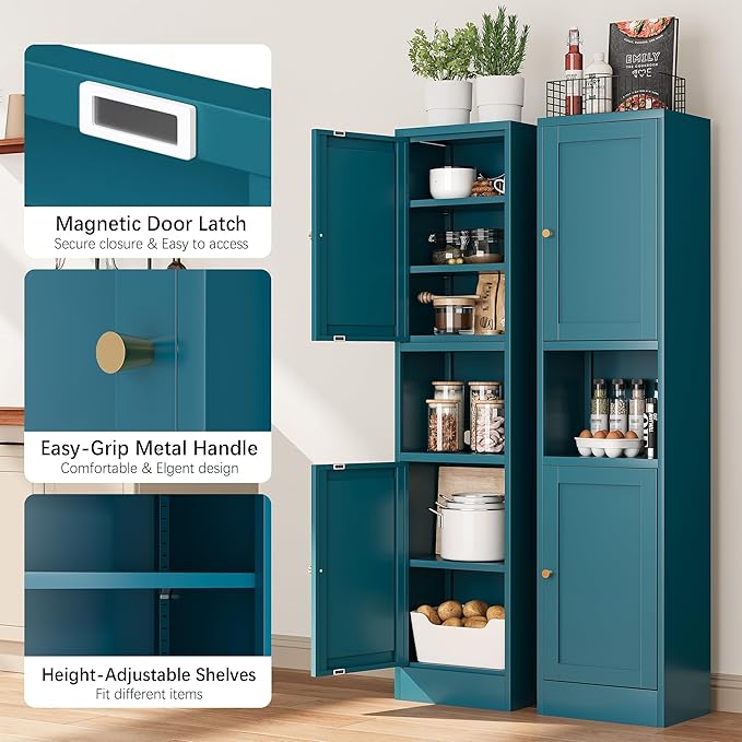 Bevivog Metal Kitchen Pantry Cabinet for Small Space, 67" Tall Storage Cabinets with 2 Doors and Adjustable Shelves, Freestanding Narrow Bathroom Cabinet, 15.7" W Slim Pantry
