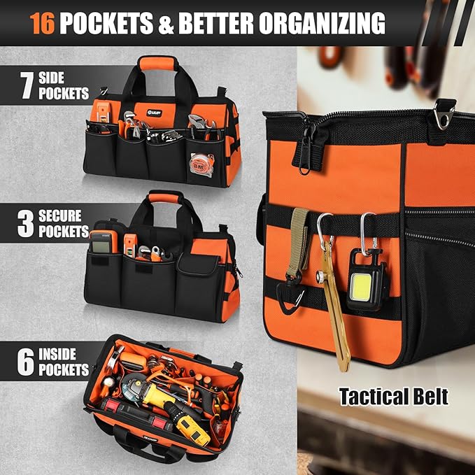 UUP Heavy Duty Tool Bag 18-Inch, 16-Pocket Portable Soft Tool Box Organizer Storage, Handle Tactical Carry Tote Empty Toolbox with Large Zipper, Father Day Dad Men Gift for Mechanic Engineer, Orange