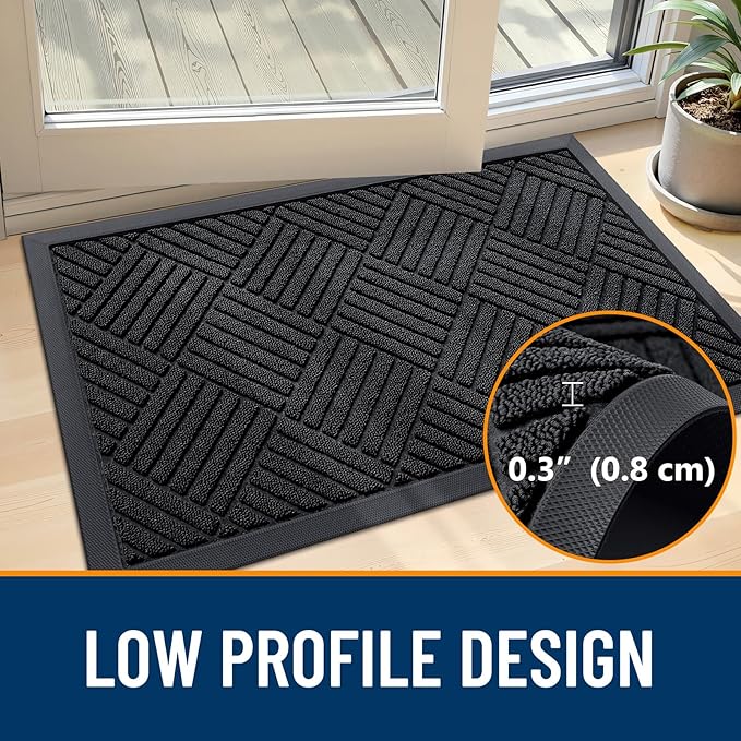 OLANLY Front Door Mat Outside Entrance 47x23, Absorbent, Heavy Duty Sturdy Natural Rubber Doormat Indoor Outdoor, Stain and Fade Resistant, Non-Slip Low Profile Floor Mat for Entryway, Black Diamond
