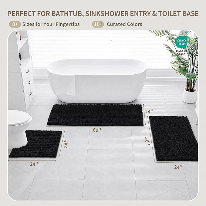 Bathroom Rugs Non Slip Washable 32x20, Extra Thick Soft Chenille Absorbent Bath Mat, High Density Barrier Non Slip Backing, Quick Dry Plush Shaggy Floor Carpet for Tub&Shower, Black