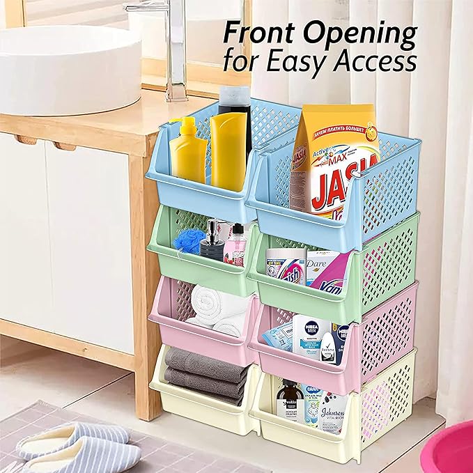 TidyFriend 4 Pack Stackable Storage Bins Open Front for Pantry Organizers and Storage, Pantry Storage for Food, Kitchen and Home Organization, Plastic Storage Bins, Dorm Room Essentials (Multi)