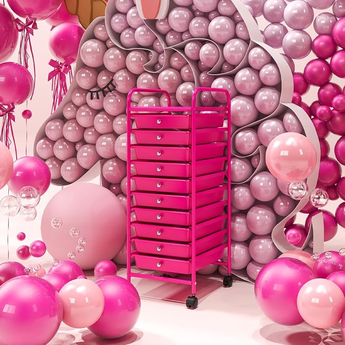 10-Drawer Rolling Storage Cart, Trolley w/Lockable 360° Wheels, 10 Removable PP Drawers, Sturdy Metal Frame, Rolling Utility Cart Perfect for Home, Office, Classroom (Hot Pink)