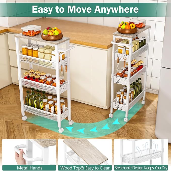 Vivihomety Utility Slim Storage Cart, 4 Tier Small Rolling Kitchen Laundry Room Cart with Wood Top, Metal Bathroom Storage Cabinet Mobile Shelf Unit Organizer Trolley with Handle for Narrow Space