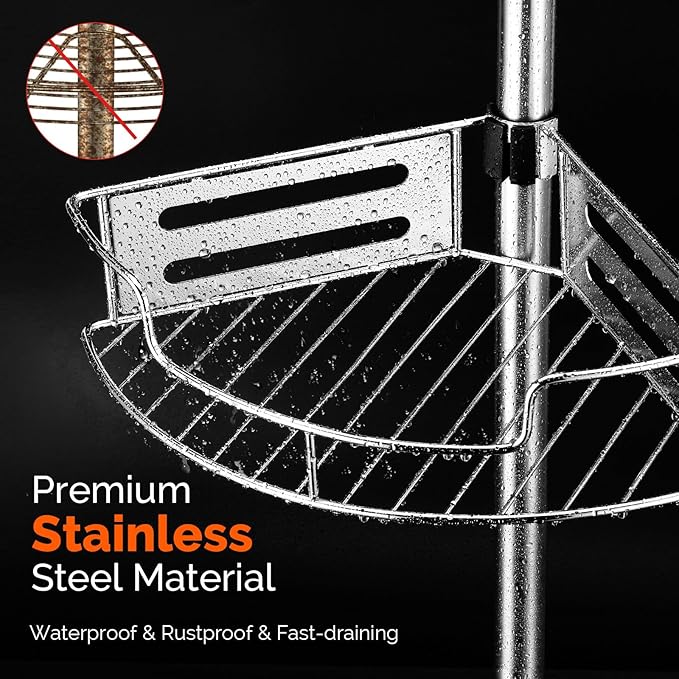 HAMITOR Corner Shower Caddy Tension Pole: Quick Installation 4-Tier Rustproof Bathroom Organizer Shelves for Bathtub Shampoo Storage - 47-121 inch Adjustable Floor Standing Bath Rack Holder - Silver