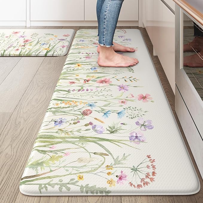 KIMODE Anti Fatigue Kitchen Mats for Floor, Farmhouse Floral Kitchen Rugs 20"x47"+20"x32", Non Slip Waterproof Kitchen Floor Mats, Comfort mats for Kitchen Floor, Sink, Laundry, Desk White