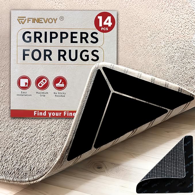 14PCS Rug Gripper with Triangle & Trapezoid and Square Design, Non-Slip Double-Sided Rug Tape Keep Area Rugs, Adhesive Rug Pads for Hardwood Floors and Tiles, Keep Corners Flat (Black)