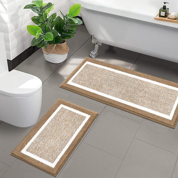 Pauwer Bathroom Rugs Sets 2 Piece, Non Slip Bath Mats for Bathroom, Absorbent Bath Rugs Floor Mat, Machine Washable Shower Rugs for Bath Floor, Tub and Shower, Khaki