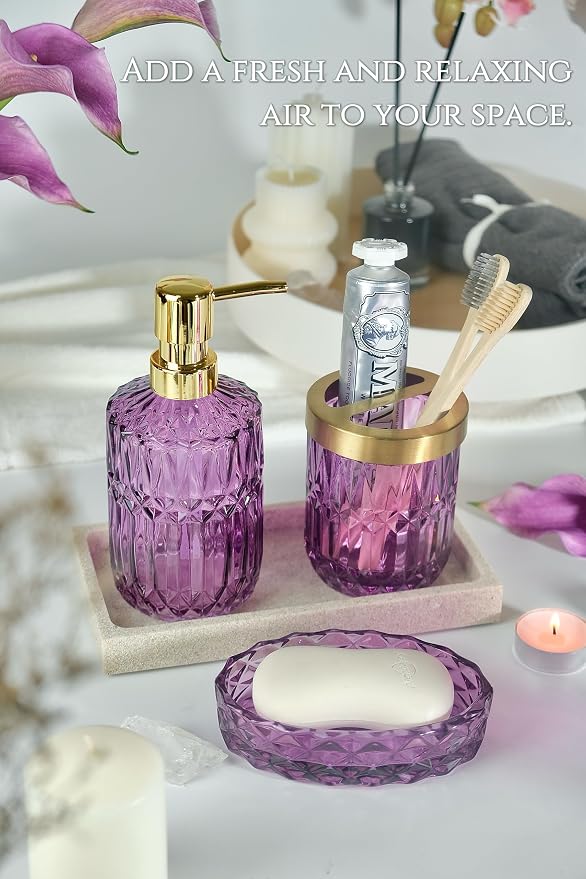 LaMrriti Purple Bathroom Accessories Set 5 Pcs, Glass Bathroom Set, Soap Dispenser and Toothbrush Holder Set, Q-tip Holder Set, Crystal Glass Vintage Bathroom Sink Set, Cute Bathroom Decor