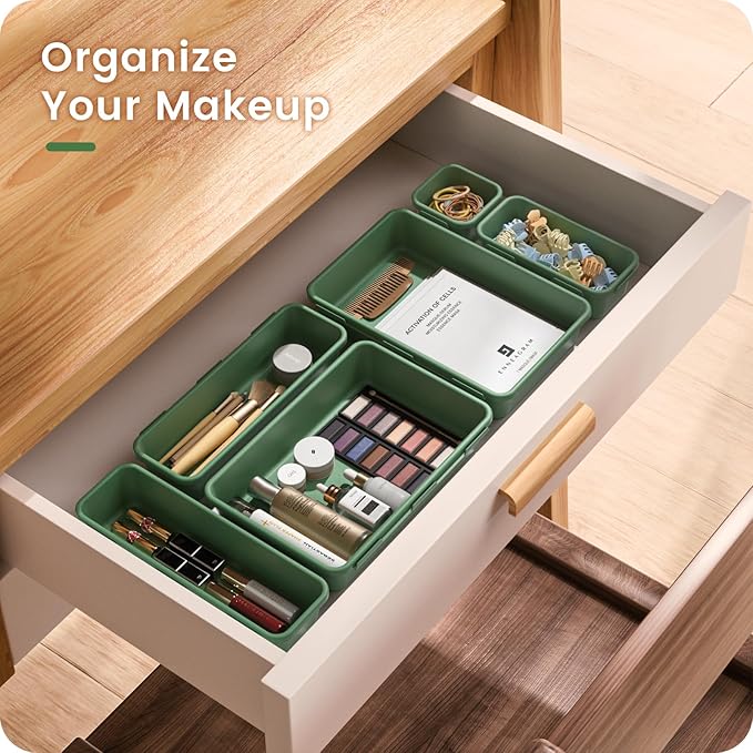 A-LuGei 【Military Grade】 Drawer Organizer, 【𝟱𝗦𝗶𝘇𝗲】 Makeup organizer, 【Holds 177 Items】 Bathroom Organizers and Storage, Organization and Storage, Desk Drawer Organizer for Vanity (Green)