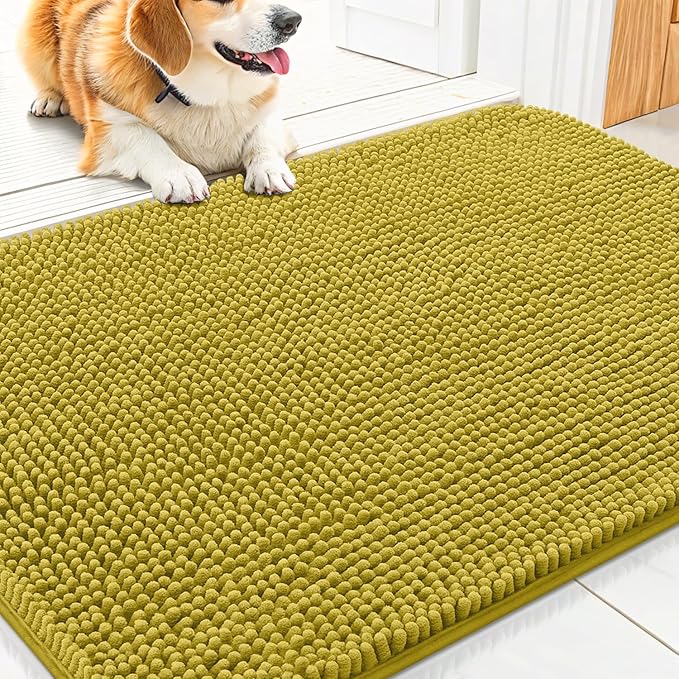 Smiry Dog Door Mat for Muddy Paws 30x20, Absorbent Dirt Trapper, Non-Slip Washable Chenille Entryway Rug for Inside Floor, Mustard Yellow, Classic Solid