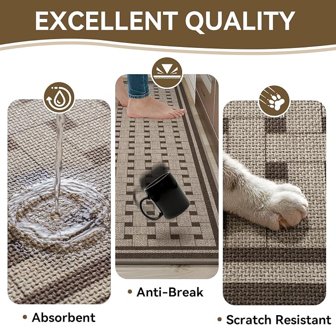 Kitchen Mats for Floor, 17''x30''+17''x47''Kitchen Rugs Set of 2, Washable Absorbent Non Slip Kitchen Mat, Braided Kitchen Runner Rug, Kitchen Sink Rug, Brown