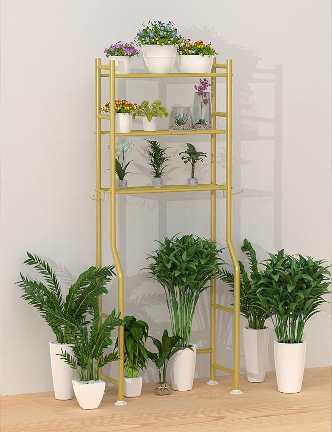 Livilord 3-Tier Over The Toilet Storage, Freestanding Metal Bathroom Shelves with 4 Hooks, Over Toilet Storage Shelf with Paper Holder, Above The Toilet Shelf for Bathroom Storage, Gold
