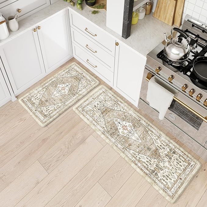 Collive Boho Kitchen Mats for Floor 2 Piece, Cushioned Anti Fatigue Kitchen Mat Non-Skid Waterproof Under Sink Rug, Taupe Comfort Standing Desk Mat for Office, Home & Kitchen, 17.3"x29"+17.3"x47"