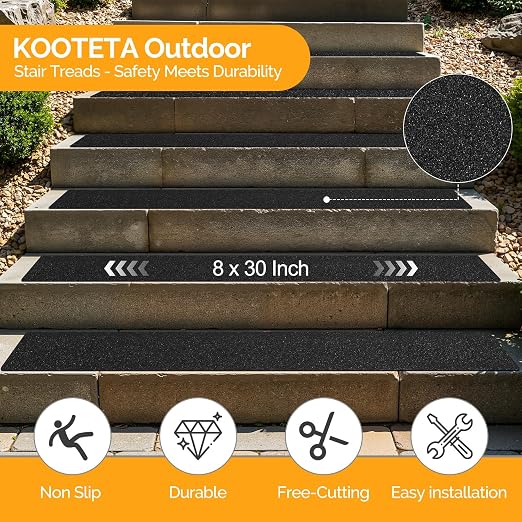 Outdoor Stair Treads for Wooden Steps Non Slip,KOOTETA 12 Pack 8" x 30"Anti Slip Tape for Stairs,Waterproof Weather Resistant Grip Tape,80-Grit High Traction Adhesive Non Slip Stair Treads,Black