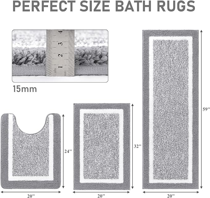 Pauwer Bathroom Rug Mat Set 3 Piece, Microfiber Shaggy Bath Set, Non-Slip Ultra Soft Carpet Mats, Absorbent with U-Shaped Toilet for Bathroom, Tub, Shower, Light Grey