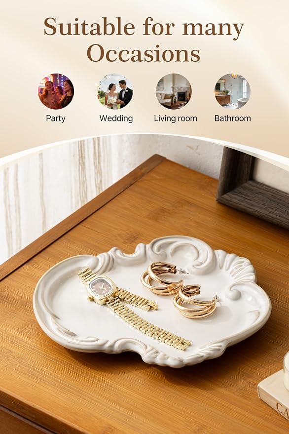 LYEOBOH Jewelry Tray, Ceramic Trinket Dish, Jewelry Dish for Rings Earrings Decorative Trinket Tray, Key Bowl, Retro, Vintage, Friendship Gifts for Mom Sister Birthday Christmas Housewarming, Beige