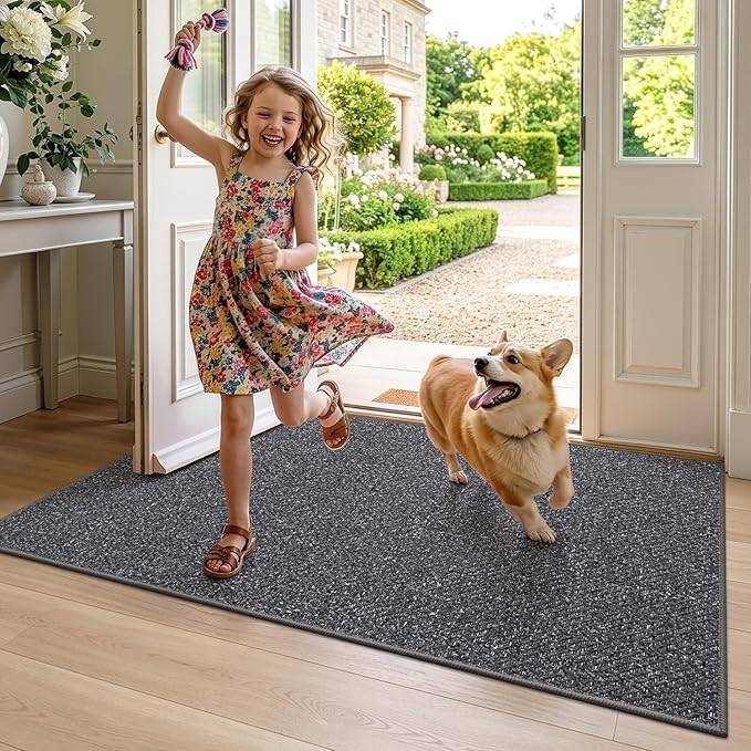 LUMI Ultra Thin Indoor Door Mat for Entrance 24"x36", Non Slip Entryway Mat, Low Profile Doormat, Unique Herringbone Design Carpet for Inside, Patio, Porch, Charcoal Gray