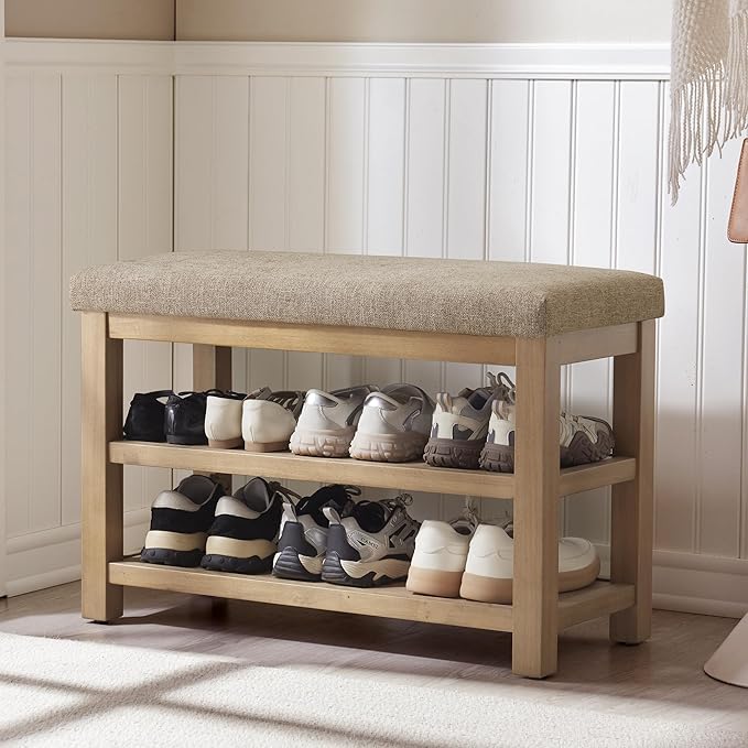 Zihanhome 2 Tier Shoe Rack Bench with Cushion, Solid Wood Shoe Benches, Mid-Century Modern Shoe Storage Bench for Entryway, Hallway, Living Room, Closet, Front Door Entrance, (Brown, 31.5")