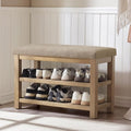 Zihanhome 2 Tier Shoe Rack Bench with Cushion, Solid Wood Shoe Benches, Mid-Century Modern Shoe Storage Bench for Entryway, Hallway, Living Room, Closet, Front Door Entrance, (Brown, 31.5")