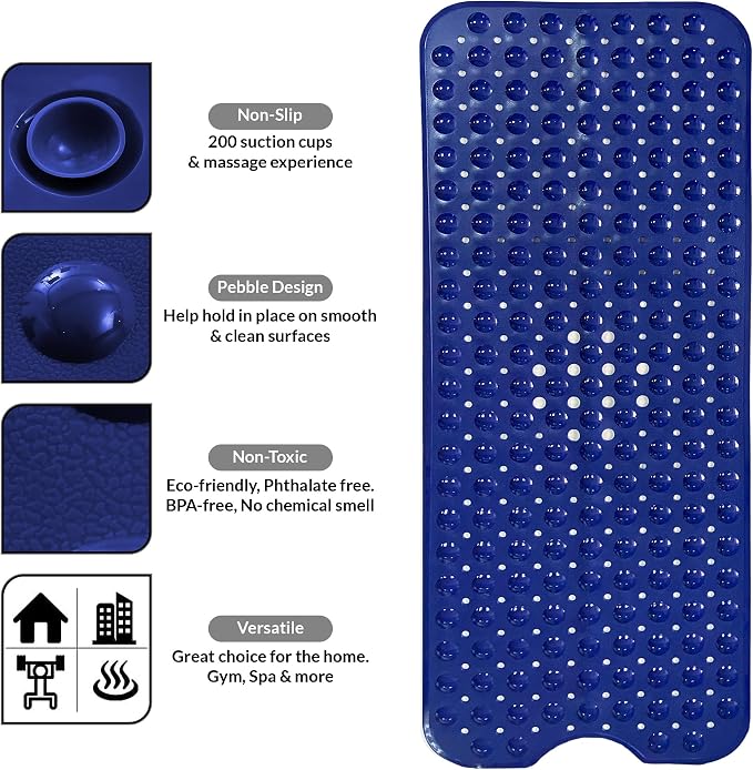 LUX Décor Non-Slip Bathtub Mat, Extra Large 40x16 Inches – Anti-Slip Safety Shower Mat with Suction Cups & Drain Holes – Machine Washable Bath Mat – Navy