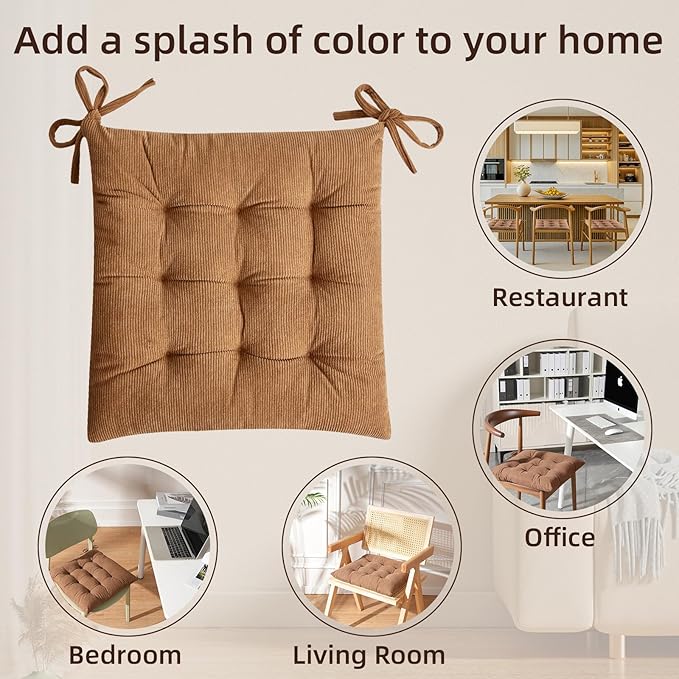 HLOVME Corduroy Chair Cushion with Ties Ultra Soft Warm Floor Cushion for Kids Reading Nook Comfortable Square Seat Cushion for Adult 15.7”x15.7”, Khaki