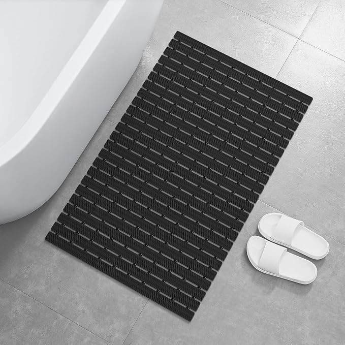 OTHWAY Large Shower Mat, 35.4 x 24 Inch No Suction Cup Shower Mat Non Slip, Quick Drain Non Slip Shower Mats for Inside Shower, Heavy Duty Curlable PVC Stand up Shower Floor Mat, Black