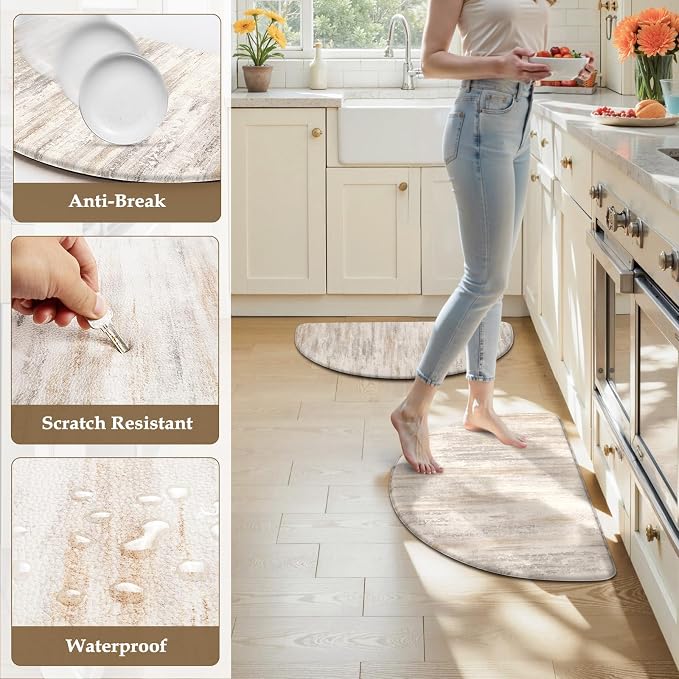 KIMODE Anti Fatigue Mats for Kitchen Floor, 18"x28" Half Circle Memory Foam Kitchen Floor Mats Cushioned Non Slip, Comfort Standing Mats, Abstract Kitchen Rugs Sets of 2 for Sink Laundry Office Desk