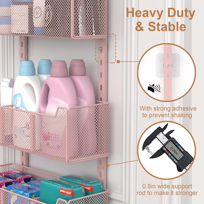 VyGrow Over The Door Organizer, Metal Door Organizer Hanging with 5 Adjustable Baskets and Coat Hook, Behind The Door Storage for Bedroom Closet Bathroom Pantry Cabinet Kitchen, Pink