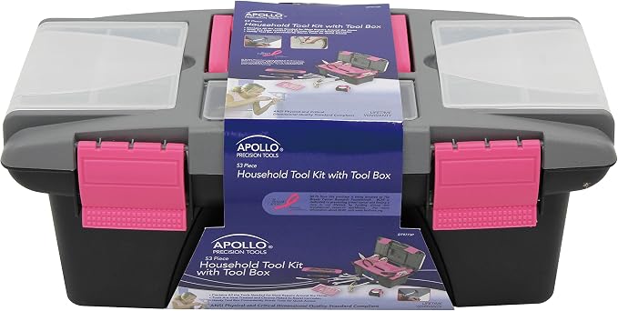 Apollo Tools 53 Piece Household Tool Set Includes Tools and Tool Box with a Selection of Most Needed Tools for Basic DIY Repairs, Maintenance and Crafts - Pink Ribbon
