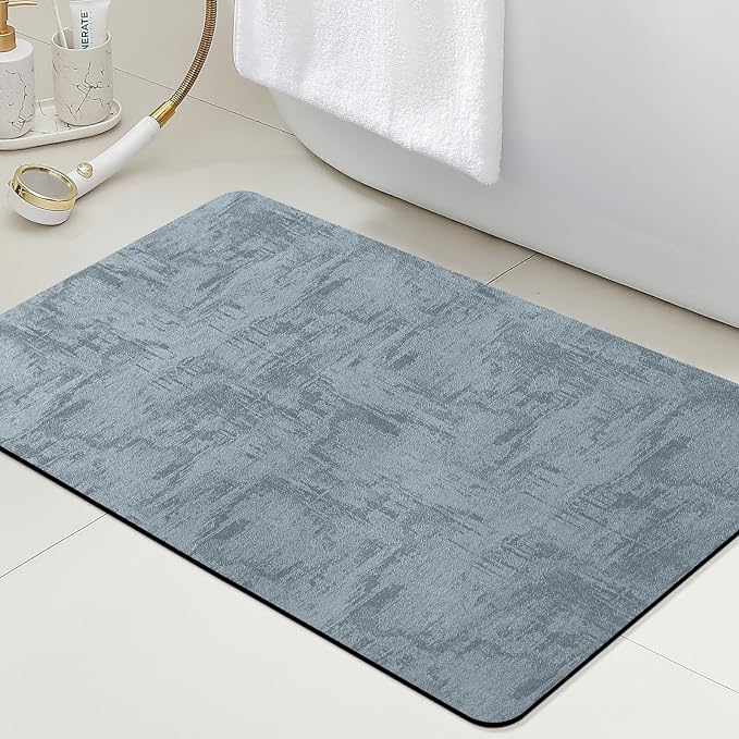 ACCUMTEK Non Slip Bath Mat, Thin Bathroom Rugs Fit Under Door, Quick Dry Bath Mats, Machine Washable Bath Rugs for Bathroom, Bathtub & Kitchen, Bathtub, Haze Blue/Marble/24 x17