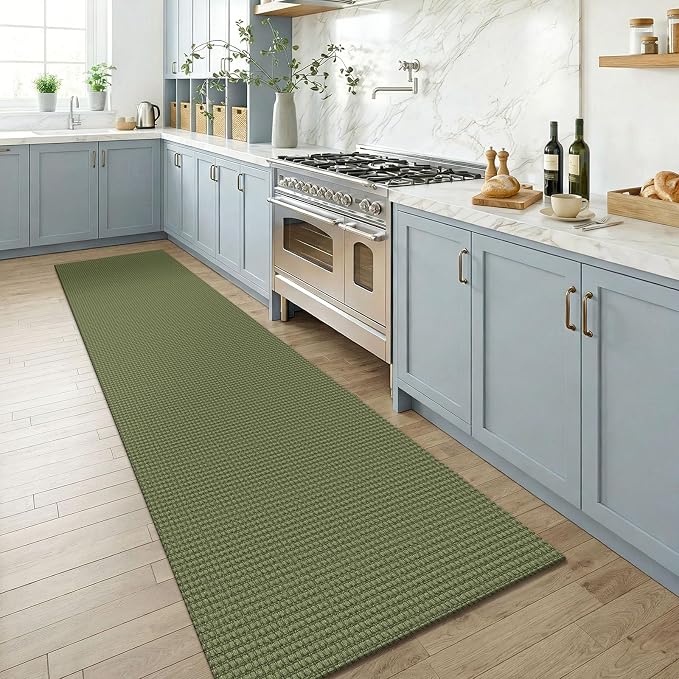 KOZYFLY Cotton Runners for Hallway 2.5'x8', Washable Runner Rug, Woven Non Slip Kitchen Runner, Braided Entryway Rug, Floor Carpet for Foyer, Bedroom, Hall, Olive Green/Earthy Green